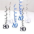 80th birthday party hanging swirls decoration set in black blue and silver metallic foil - 80th Birthday (Blue Silver Black) / 6 Pieces Set
