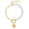 Elegant 18K gold plated chain bracelet featuring faux pearls and round letter B pendant - Letter B