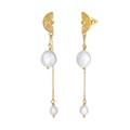 Boucles d'oreilles pendantes en argent S925 doré avec perles d'eau douce blanches - Bouton Rond 10mm (4.43g)