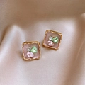 Detail of square floral pearl earrings with pink enamel and crystals on beige silk - Gold Square Pink Enamel Green Pink Rhinestone (36#)