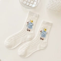 White Japanese mesh cotton mid-calf socks with cute cartoon girl embroidery detail - One Size / Baby Blue