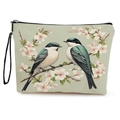 Canvas makeup bag with bird and cherry blossom print and a black wristlet strap - Cherry Blossom Bird Style (xy-072-4) / With Strap