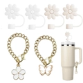 Silicone flower straw covers and butterfly metal chain accessories for tumblers - White Beige Flower Butterfly Set