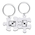 Matching stainless steel puzzle keychains with King and Queen of Hearts playing cards - Silver K & Q Keychain Set