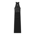 Elegant black halter lace patchwork maxi dress with slim pleated design on white background - S / Black