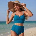 Zweiteiliger pfauenblauer Bikini mit hochtaillierter Raffhose und V-Ausschnitt Top - S / Petrolblau