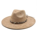 Classic khaki suede fedora hat with brown woven leather band and evil eye charm - M (56-59cm) / Camel Suede