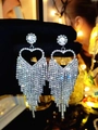 Silver heart rhinestone tassel earrings featuring a sparkling cascading design - Silver Rhinestone Heart Tassel Style (DTE1916099S)