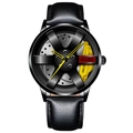 Men's car wheel hub quartz watch with black leather strap and yellow brake calipers - Leather Strap / Yellow