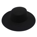 Classic black wool felt wide-brim boater hat with a flat top for stylish women - Large Round Top / Black