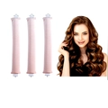 Macro detail of three pink heatless hair rollers with clips and resulting wavy hair result - 3 Pieces Set / Apricot