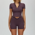 Women's dark purple seamless yoga set with v-cross waist shorts and half-zip crop top - S / Top And Bottom / Grape Purple