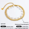 Bracelet double couche en acier inoxydable plaqué or 18K avec feuille et perles - Perle de Feuille Cœur Inoxydable (SL41241)
