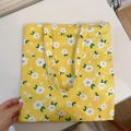 Detailed view of yellow floral canvas tote bag with white daisy patterns and sturdy straps - T-16 Yellow Background with White Small Flowers