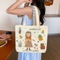 Minimalist canvas tote bag with cartoon illustration and Perfect Life print in cream - Fruit Girl