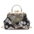 Vintage embroidered shell handbag with pearl clasp and chain strap in black and gold - Black