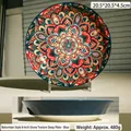 8-inch Bohemian ceramic pasta bowl with blue base and vibrant mandala flower pattern - 8 Inch Stone Pattern Deep Plate / Blue