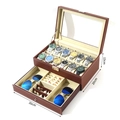 Brown leather double-layer watch and jewelry display box with 12 slots and clear window - 12-Slot Brown/Beige Layered