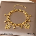 Double-layer gold stainless steel heart pendant bracelet featuring mother and baby charms - Mother Baby Hug Zirconia Heart Style (KB203684-Z)