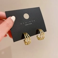 Minimalist triple-layered geometric C-shape earrings in polished golden finish - 35# Silver Pin Gold Multi-layer Hoop