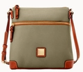 Sage green pebble leather crossbody bag with brown trim and golden logo plate - Mint Green