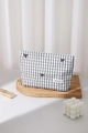 Detail of plaid makeup bag with bow embroidery on a stylish ripple wood stand - Large / Black Plaid