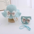 Détail du chapeau de paille enfant et sac assorti avec dentelle et nœud marron - Ensemble Chapeau + Sac / Bleu Lac