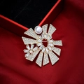 Elegant gold fan brooch with clear rhinestones and white pearl on velvet background - Style 39-8 Radial Fan (4.5*4.5cm/13.3g)