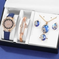 Women's rose gold and navy watch gift set with crystal jewelry and rotating dial - Watch Bracelet Necklace Earrings Ring Set with Display Box / Blue Gift Set Box