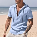 Close-up of light blue linen hooded beach shirt featuring button neckline and drawstring - Light Blue