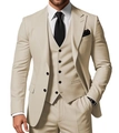 Detail of beige three-piece slim fit men's business suit featuring blazer, vest and trousers - Khaki