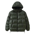 Short glossy olive green hooded puffer jacket with metallic zipper and side pockets - S / Dark Green