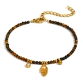 Tiger eye beaded bracelet with 18K gold plated hand pendant and pearl details - Brown Tiger Eye Pattern Style (Natural Stone Palm Pendant - Gold Tone - 2)