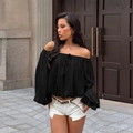 Black off-shoulder lantern sleeve top featuring drawstring neckline and loose fit - S / Black