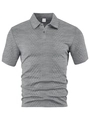 Close-up of gray men's polo shirt showing premium breathable jacquard geometric texture - Light Gray