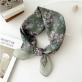 Floral cotton linen square scarf in dark green with daisy print and fine rolled edges - 55cm / Green Daisy