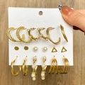 Golden alloy earring set featuring butterfly, snake, and pearl studs on a display card - 6 Pairs Set-Gold Pearl Triangle