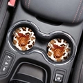 Close-up of dual round highland cow car coasters with leopard print in a vehicle cup holder - Red Bandana Style (6) / 2 Pcs/Set