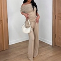 Elegant khaki two-piece set with a chic one-shoulder top and matching wide-leg pants - S / Camel