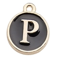 Golden alphabet P pendant with black enamel finish for DIY charm bracelets and jewelry - Letter P / 1 Piece (12x14mm) / Black