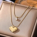 Collier double couche vintage doré avec pendentif coeur et pierre de zircon brillante - Style Cœur Zircon Double Couche