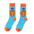 Detailed view of sky blue crew socks with orange accents and cartoon hyena pattern - 4-Sky Blue Trendy Hyena