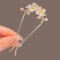 U-shaped hair pin with elegant pink flowers and pearls in a golden metal finish - Double Flower U-shaped Hair Stick