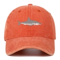 Vintage coral cotton baseball cap featuring detailed shark embroidery and washed finish - Orange