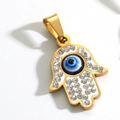 Gold Hamsa Hand pendant with blue Evil Eye and white crystal stones inlay - Pendant Only / Gold Blue