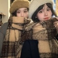 Thick mohair plaid scarf with tassels in camel and brown tones worn with plush beret - Small Maillard Style Scarf