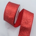 Sparkling red glitter Christmas ribbon with metallic wired edge for festive DIY gift wrapping - 4cm / Red
