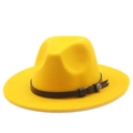 Detail view of yellow felt fedora with a black leather band and metal rose buckle - M (56-58cm) / Yellow