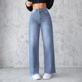 Lichtblauwe wijde jeans met hoge taille voor dames met vintage onafgewerkte zoom - S / Lichtblauw