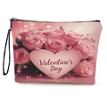 Pink rose pattern Valentine's Day makeup bag with zipper and handle on white background - Romantic Heart Rose Style With Wrist Strap (xy-050-4)